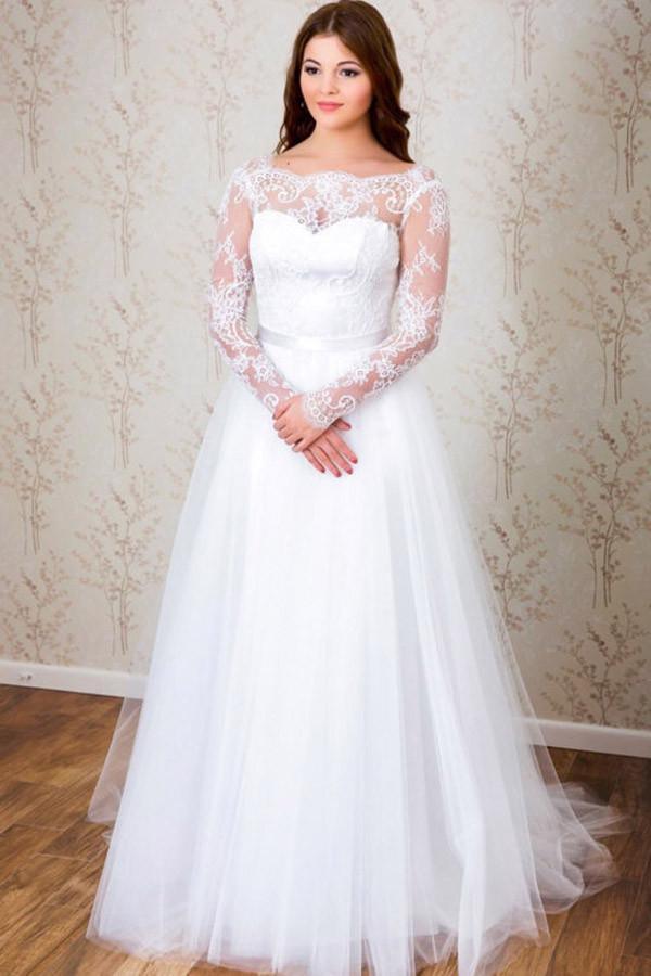 Elegant A-line Long Sleeves White Lace Wedding Dress Bridal Gowns