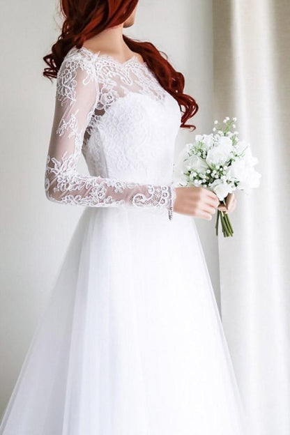 Elegant A-line Long Sleeves White Lace Wedding Dress Bridal Gowns