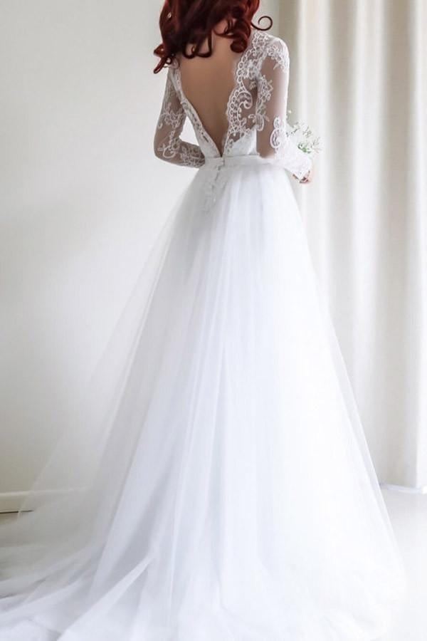 Elegant A-line Long Sleeves White Lace Wedding Dress Bridal Gowns
