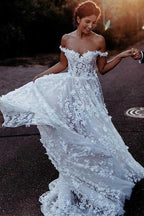 Elegant A-Line Off Shoulder White Tulle Wedding Dress with Appliques