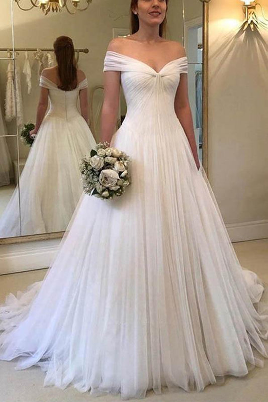 Elegante A-Linie Off-Shoulder Tüll Elfenbein Lange Brautkleider