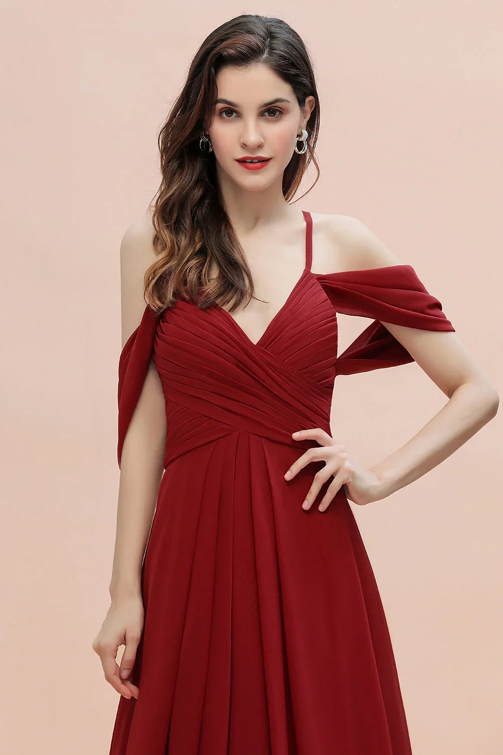 Elegant A-line Off-the-Shoulder V-neck Ruched Long Bridesmaid Dress