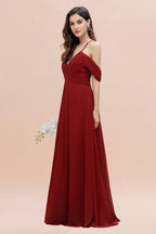 Elegant A-line Off-the-Shoulder V-neck Ruched Long Bridesmaid Dress