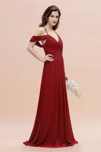 Elegant A-line Off-the-Shoulder V-neck Ruched Long Bridesmaid Dress