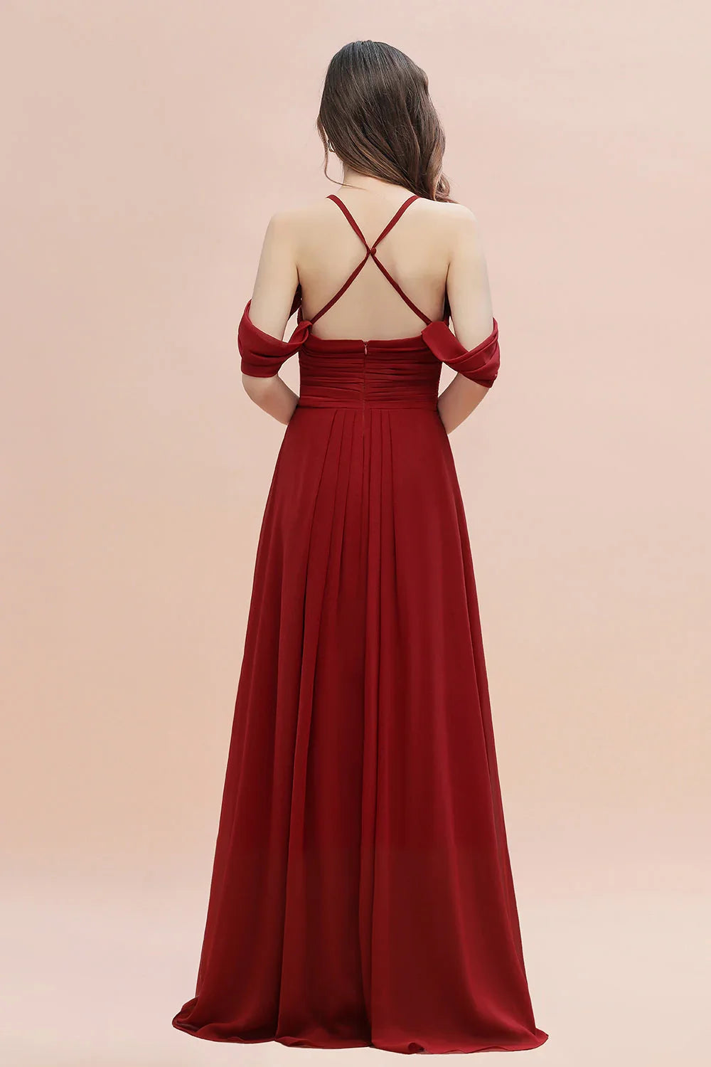 Elegant A-line Off-the-Shoulder V-neck Ruched Long Bridesmaid Dress