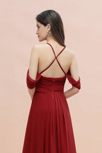 Elegant A-line Off-the-Shoulder V-neck Ruched Long Bridesmaid Dress