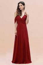 Elegant A-line Off-the-Shoulder V-neck Ruched Long Bridesmaid Dress