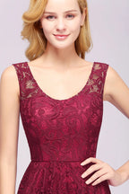 Vestido elegante de dama de honor sin mangas con escote redondo y falda en línea A de encaje