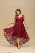 Vestido elegante de dama de honor sin mangas con escote redondo y falda en línea A de encaje