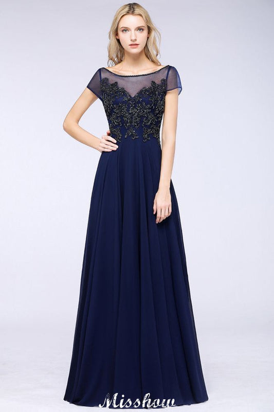 Elegante vestido de dama de honor de manga corta con apliques de cuentas y corte en A, vestido de noche largo hasta el suelo