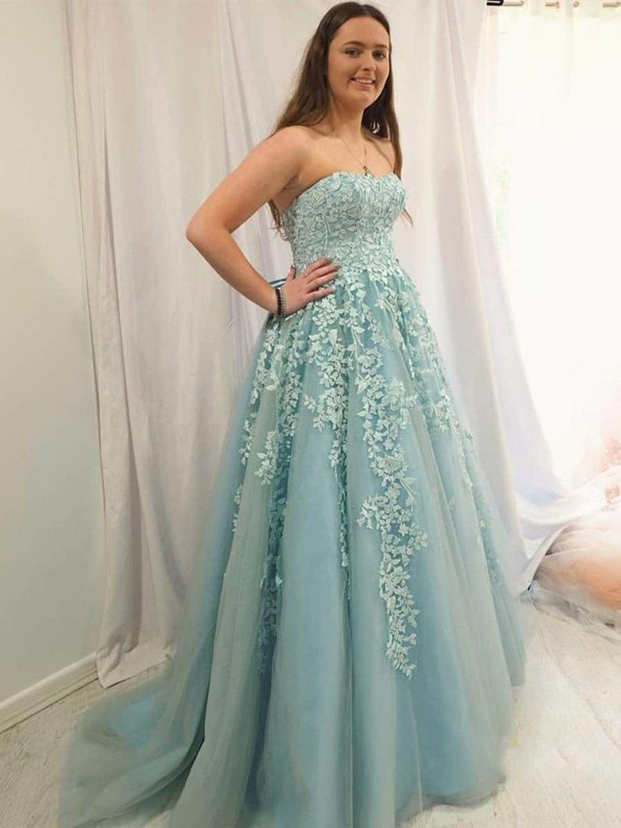 Vestidos Elegantes de Formatura Longos em Tule e Renda, Sem Alças, Corte em A, Vestidos de Baile Formais