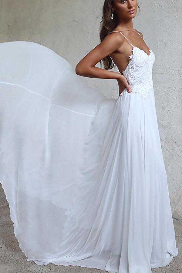 Elegant A-line Straps White Long Chiffon Beach Wedding Dress