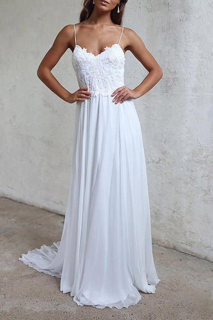 Elegantes A-Linie Träger Weiß Langes Chiffon Strand Brautkleid