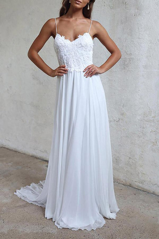 Elegante A-line Straps Branco Longo Chiffon Vestido de Noiva Praia WD102