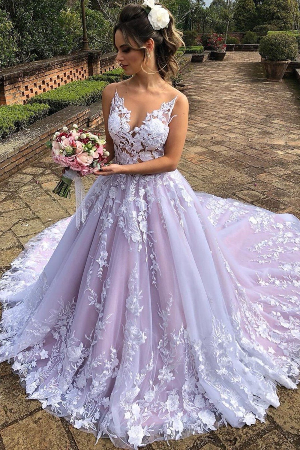 Elegante abito lungo da sera formale a linea ad A con scollo a V, pizzo e schiena scoperta