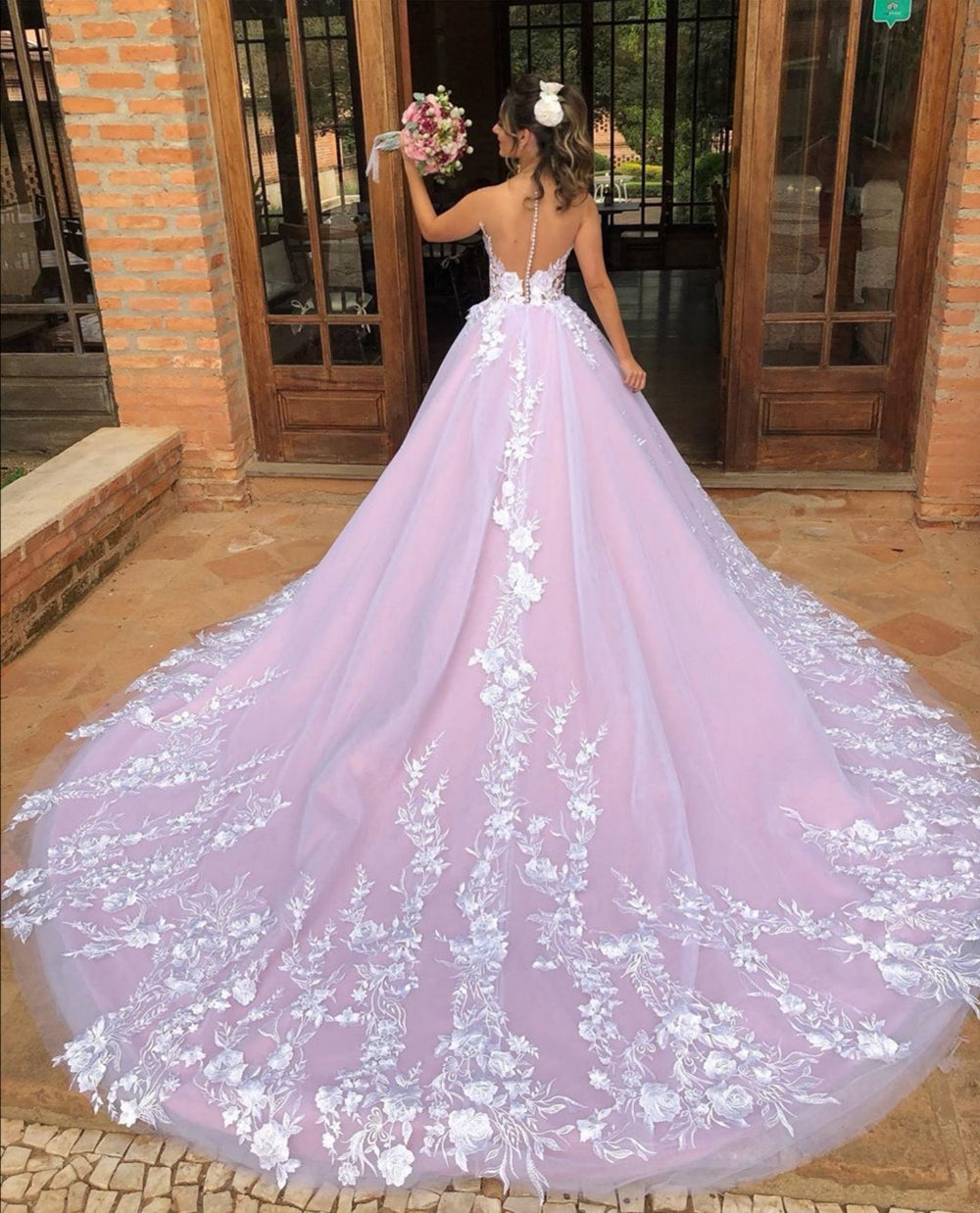 Elegante abito lungo da sera formale a linea ad A con scollo a V, pizzo e schiena scoperta