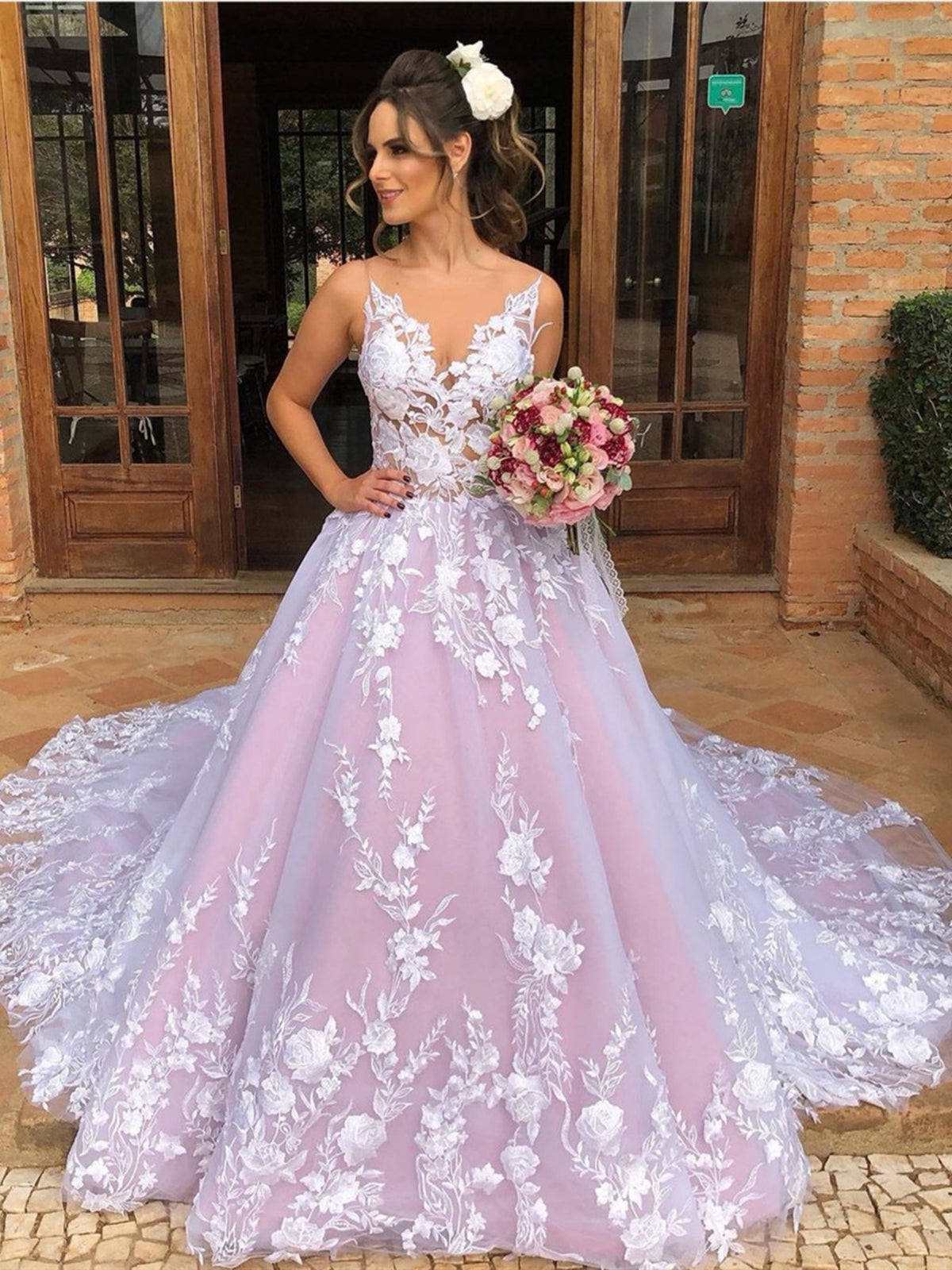 Elegante abito lungo da sera formale a linea ad A con scollo a V, pizzo e schiena scoperta