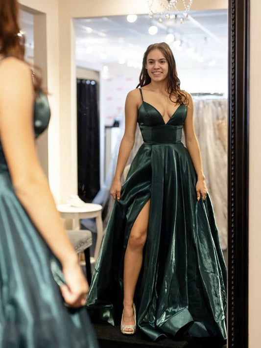 Elegant A-line V Neck Long Graduation Prom Dresses with High Slit