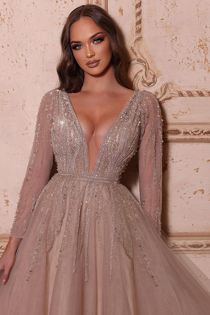 Elegantes A-Linien-Ballkleid mit V-Ausschnitt und langen Ärmeln und Perlenbesatz