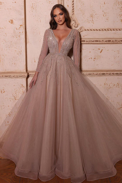 Elegantes A-Linien-Ballkleid mit V-Ausschnitt und langen Ärmeln und Perlenbesatz