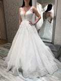Elegant A-line V Neck White Lace Backless Long Wedding Dresses