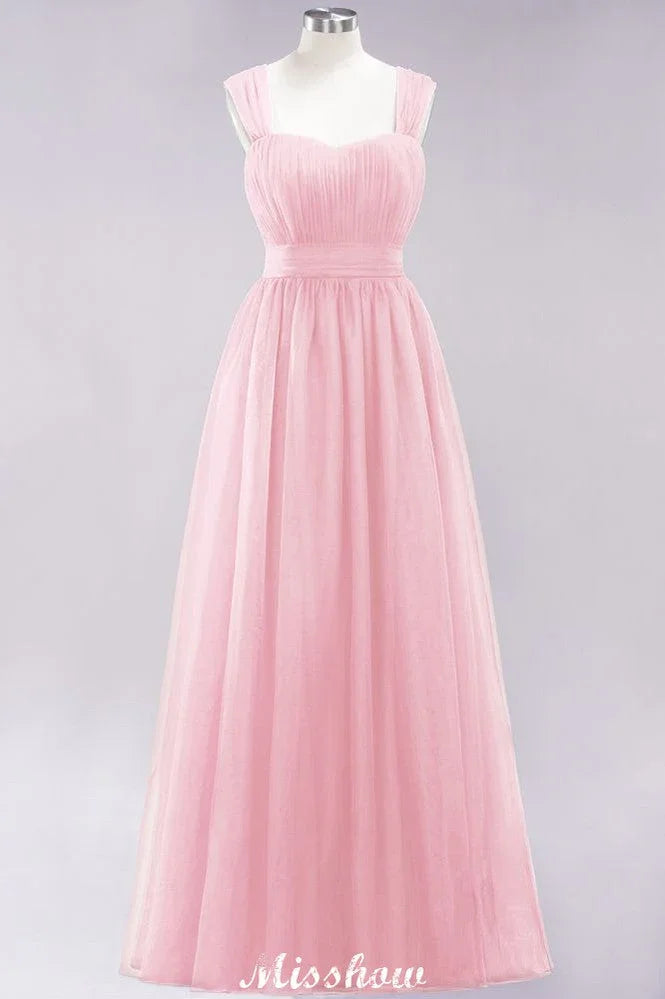 Elegante abito lungo da sera senza maniche a linea ad A in tulle bordeaux con spalline, vestito da damigella d'onore