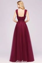 Elegant aline Sleeveless Tulle Evening Maxi Gown Burgundy Straps Bridesmaid Dress