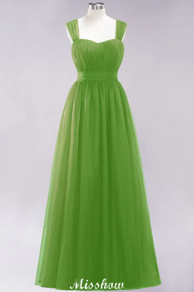 Elegante abito lungo da sera senza maniche a linea ad A in tulle bordeaux con spalline, vestito da damigella d'onore