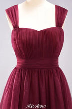 Elegant aline Sleeveless Tulle Evening Maxi Gown Burgundy Straps Bridesmaid Dress