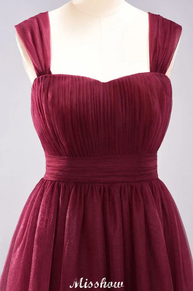 Elegante abito lungo da sera senza maniche a linea ad A in tulle bordeaux con spalline, vestito da damigella d'onore