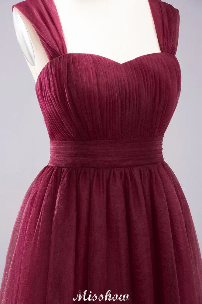 Elegant aline Sleeveless Tulle Evening Maxi Gown Burgundy Straps Bridesmaid Dress