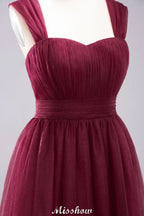 Elegant aline Sleeveless Tulle Evening Maxi Gown Burgundy Straps Bridesmaid Dress