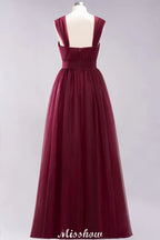 Elegant aline Sleeveless Tulle Evening Maxi Gown Burgundy Straps Bridesmaid Dress