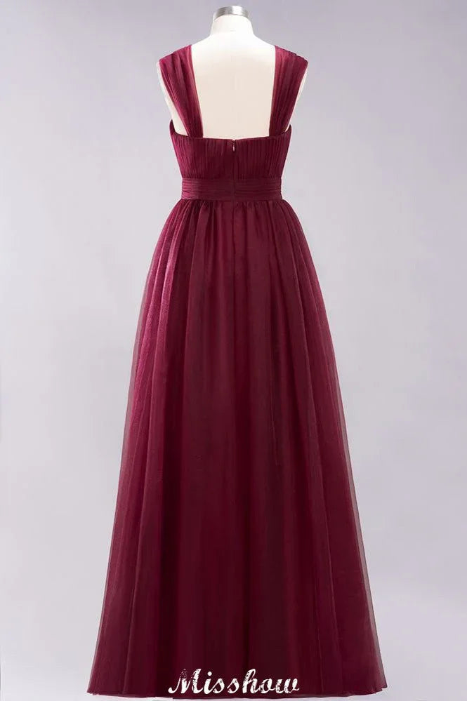 Elegant aline Sleeveless Tulle Evening Maxi Gown Burgundy Straps Bridesmaid Dress