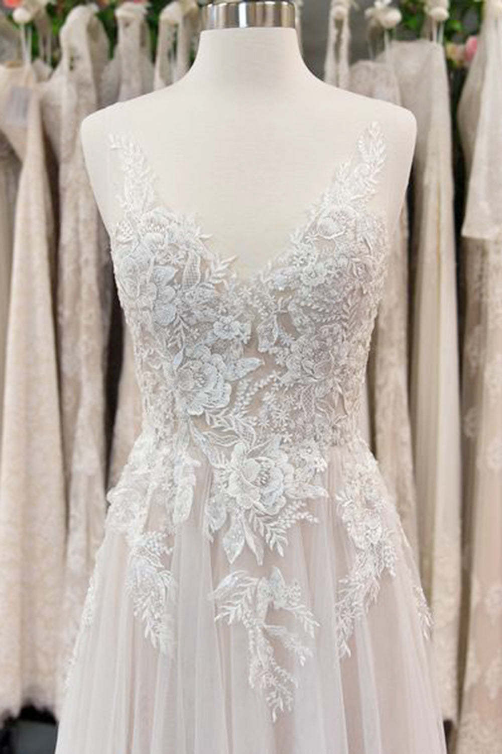 Elegant A-Line V-Neck Sleeveless Tulle Wedding Dress With Appliques On Sale