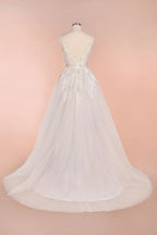 Elegant A-Line V-Neck Sleeveless Tulle Wedding Dress With Appliques On Sale