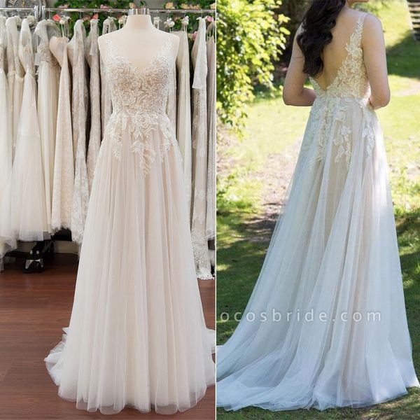 Elegant A-Line V-Neck Sleeveless Tulle Wedding Dress With Appliques On Sale