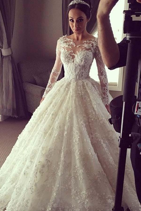 Robe de bal élégante en dentelle longue pour mariage avec manches longues illusion