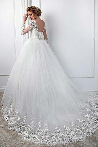 Elegantes Ballkleid-Brautkleid mit U-Boot-Ausschnitt und Spitzenapplikationen