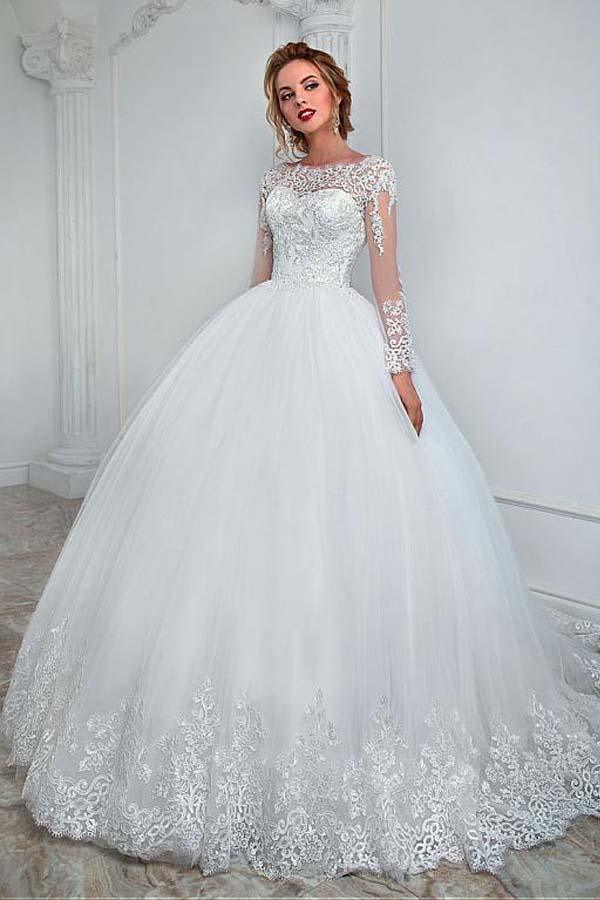 Elegantes Ballkleid-Brautkleid mit U-Boot-Ausschnitt und Spitzenapplikationen