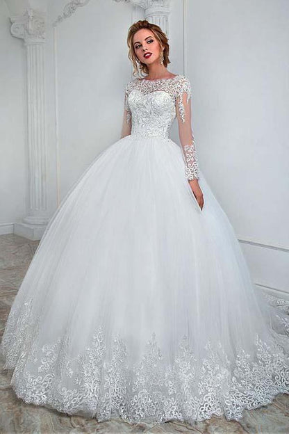 Elegantes Ballkleid-Brautkleid mit U-Boot-Ausschnitt und Spitzenapplikationen