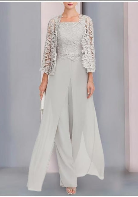 Vestido de mãe elegante e bonito em chiffon, com duas peças e mangas de comprimento 3/4