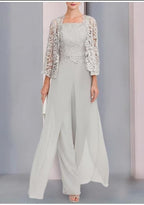 Vestido de mãe elegante e bonito em chiffon, com duas peças e mangas de comprimento 3/4