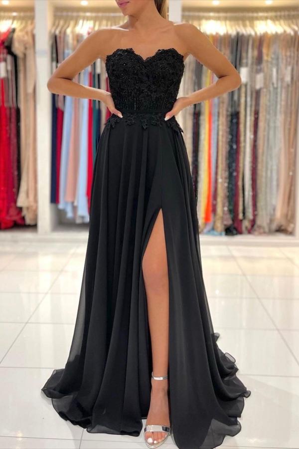 Elegante abito lungo nero a linea ad A con scollo a cuore in chiffon per ballo con spacco