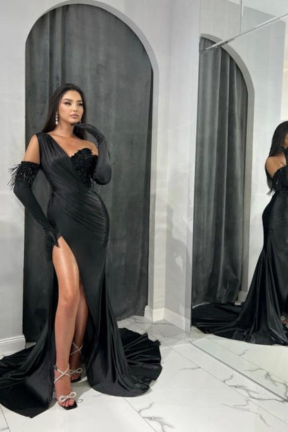 Elegante vestido de fiesta negro largo de sirena con un solo hombro y lentejuelas con abertura