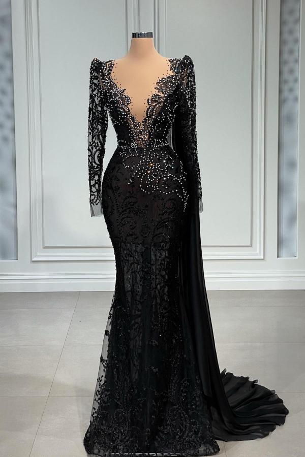 Elegante abito lungo nero a sirena con scollo a V in tulle e pizzo per cerimonia con maniche