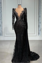 Elegante abito lungo nero a sirena con scollo a V in tulle e pizzo per cerimonia con maniche