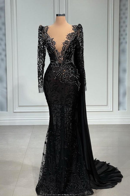 Elegantes langes schwarzes Meerjungfrau-Ballkleid mit V-Ausschnitt und Tüllspitze
