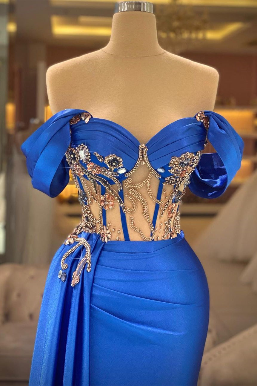 Elegant Blue Off-the-shoulder Sleeveless Beading Prom Dress With Slit