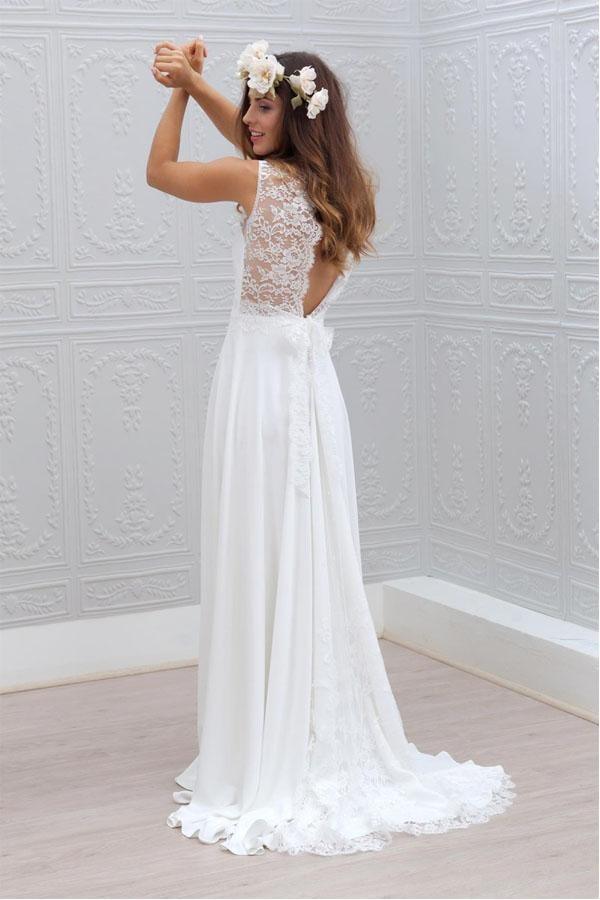 Abito da sposa bianco elegante senza maniche in chiffon con scollo a V e pizzo a fiocco